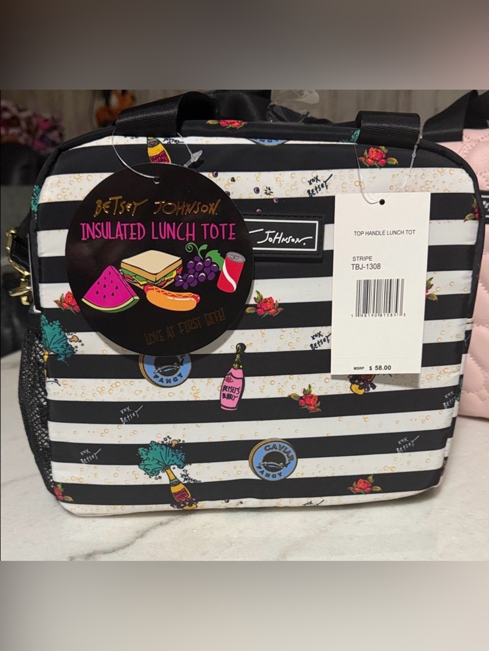 Betsey Johnson Black & White Striped Insulated Lunch Tote